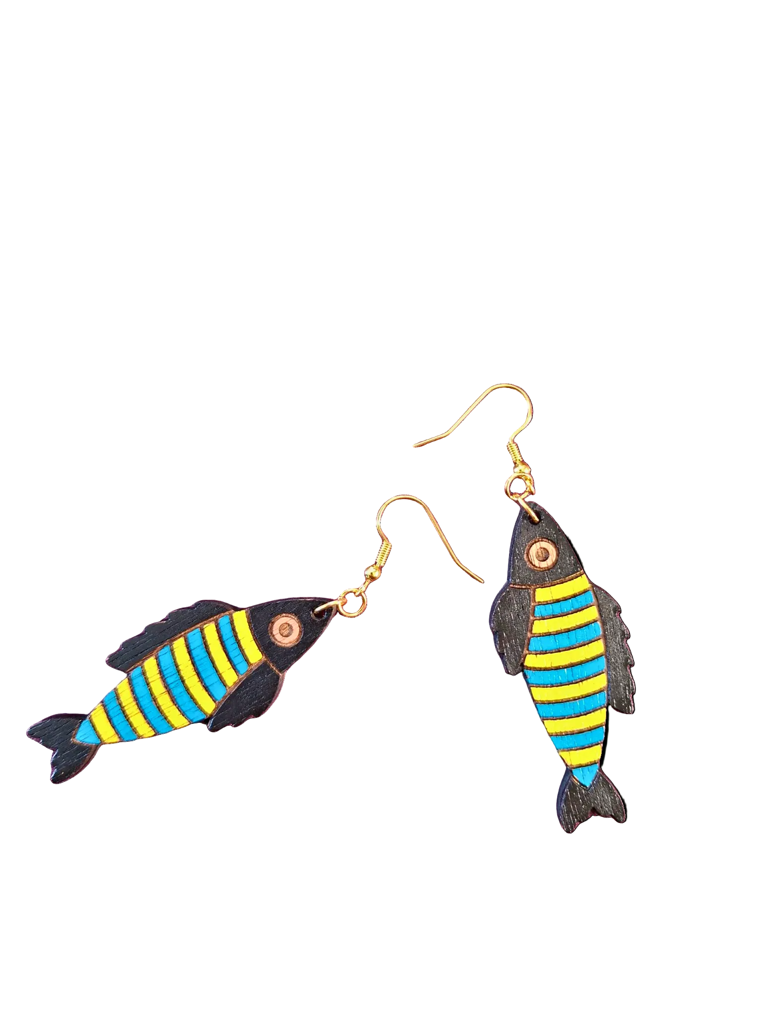 Colorful fish-shaped earrings on a white background