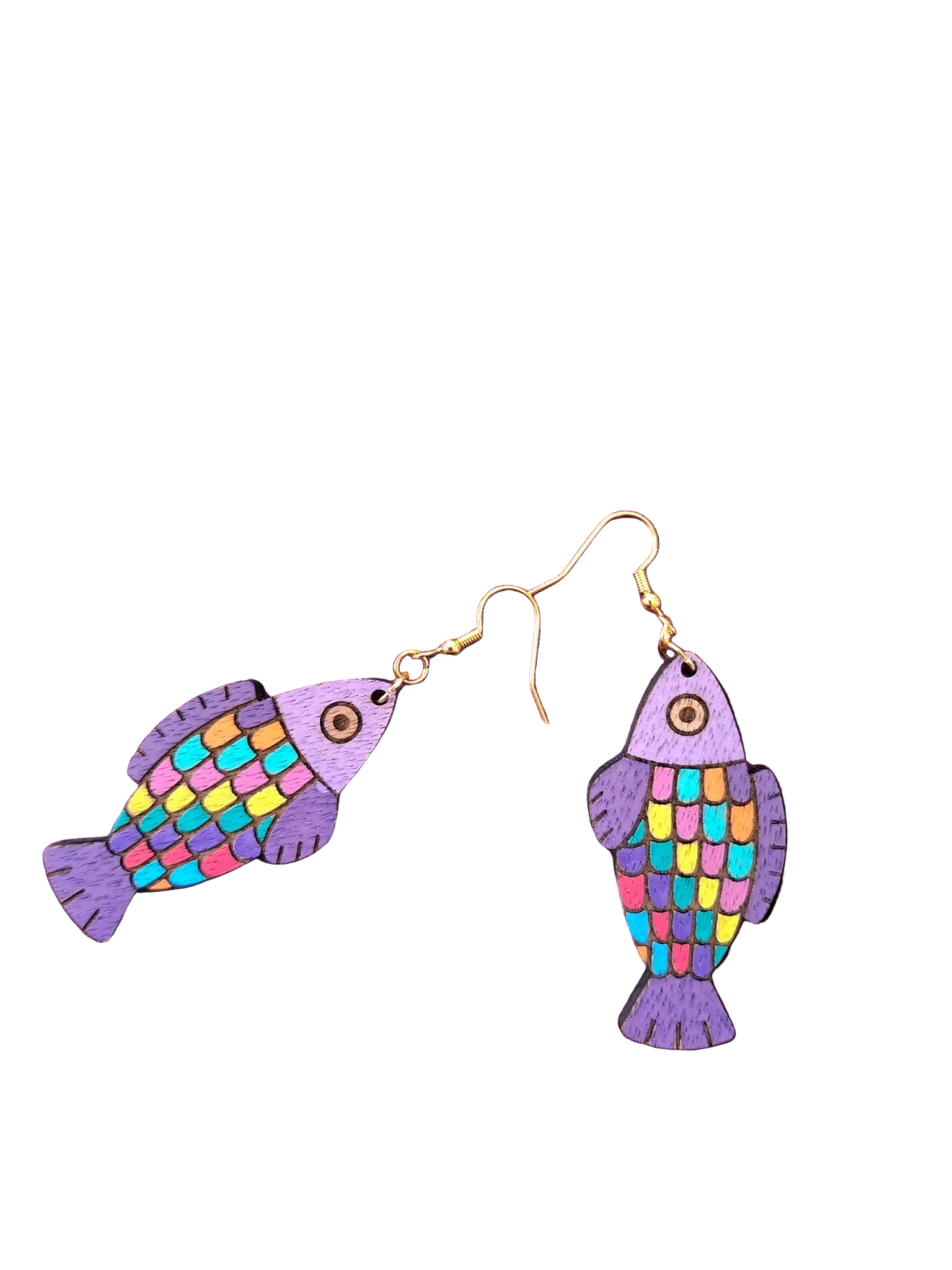 Colorful fish-shaped earrings on a white background