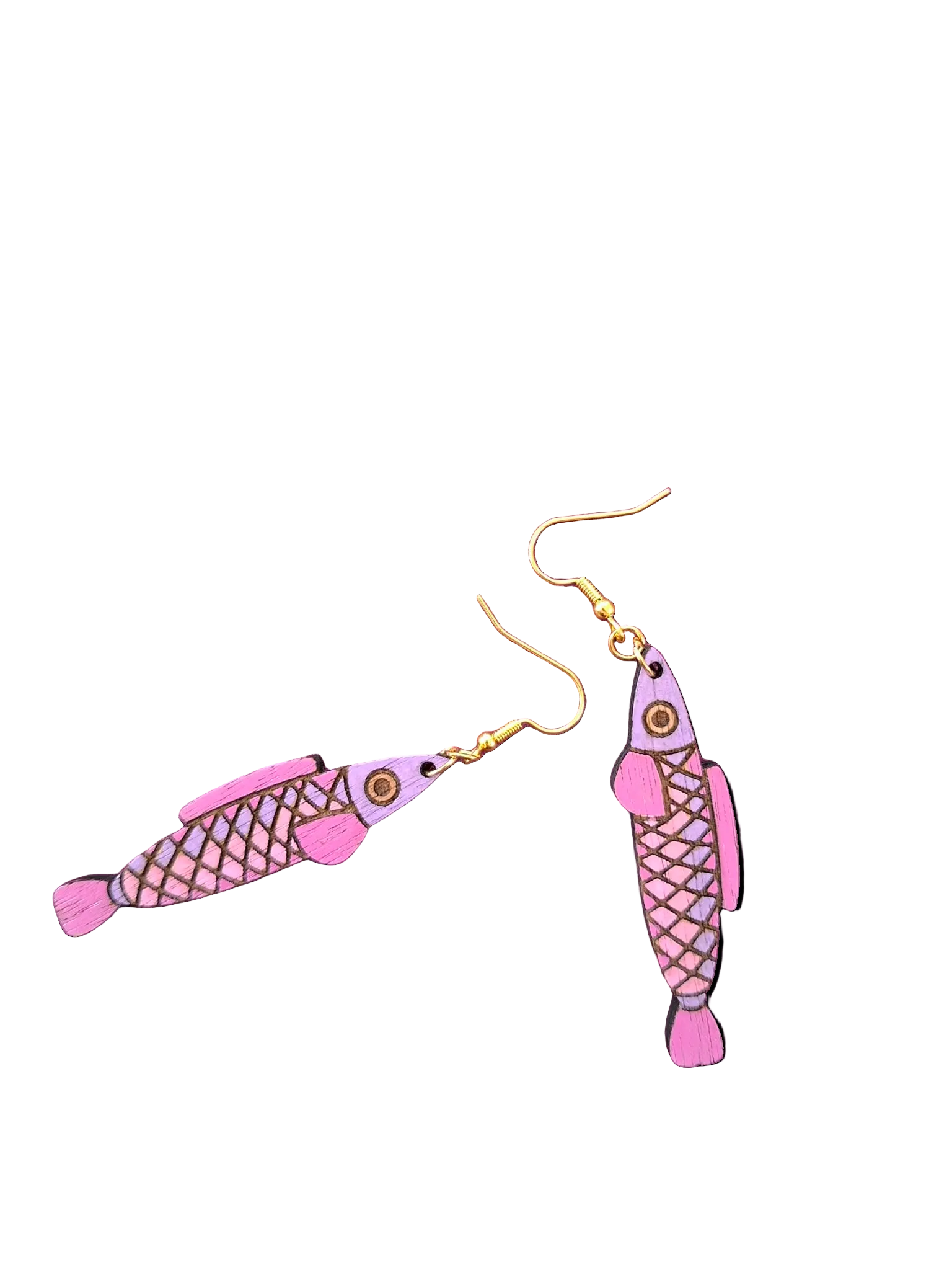 Pink fish-shaped earrings on a white background