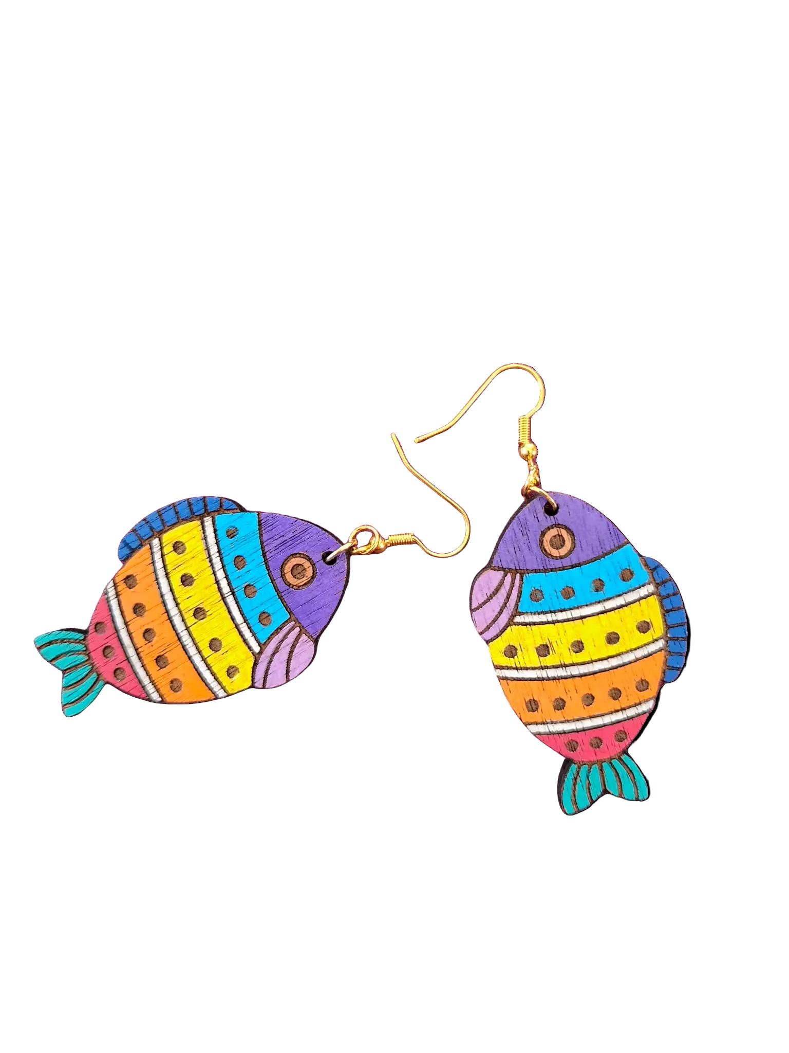 Colorful fish-shaped earrings on a white background