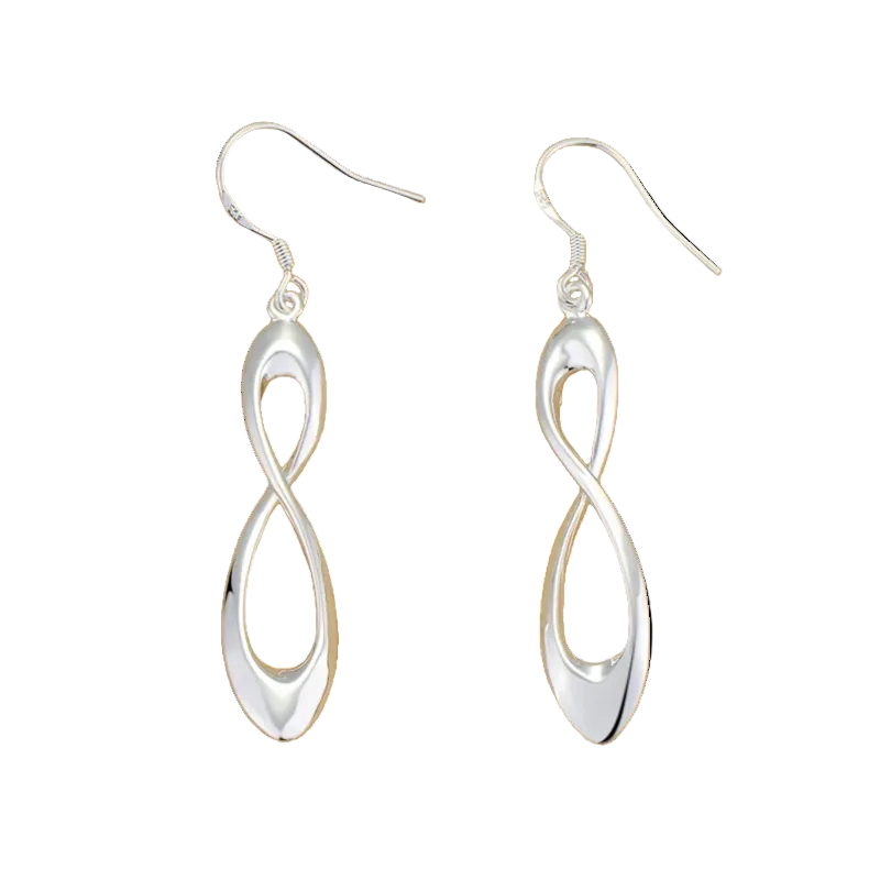 Silver infinity-shaped earrings on a white background