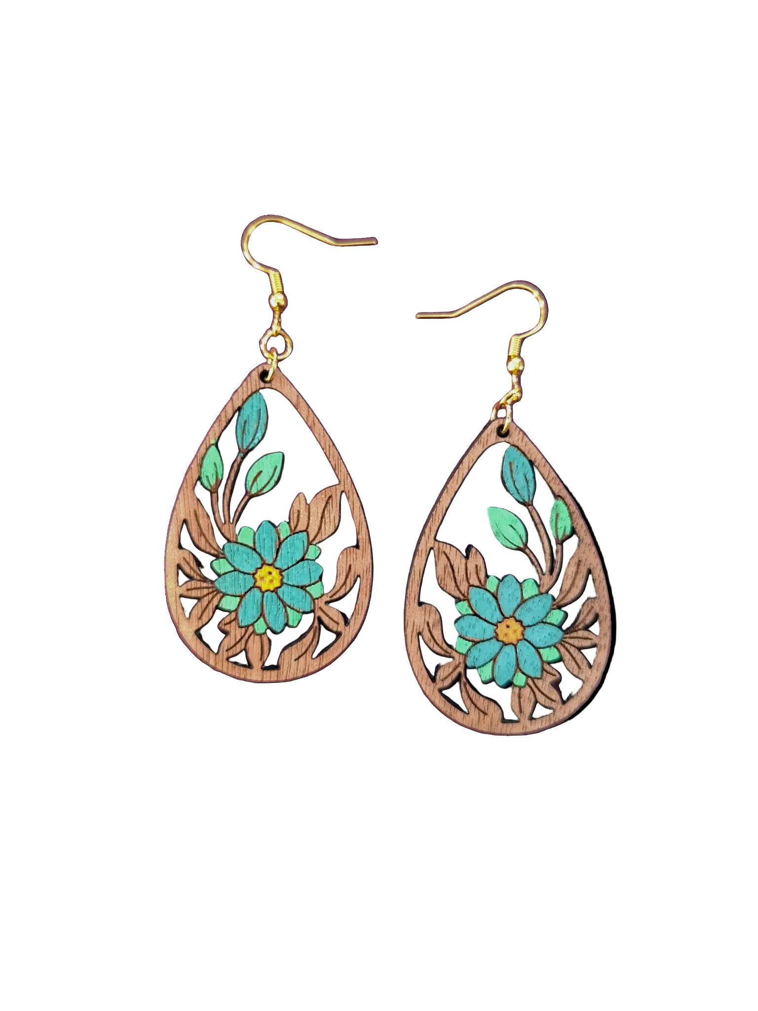 Teardrop-shaped earrings with floral design on a white background