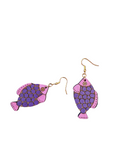 Purple and pink fish-shaped earrings on a white background