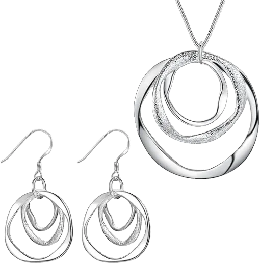 Silver jewelry set with a necklace and earrings on a white background